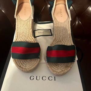 Gucci Classic Red & Green Tie Up Wedge Sandals
